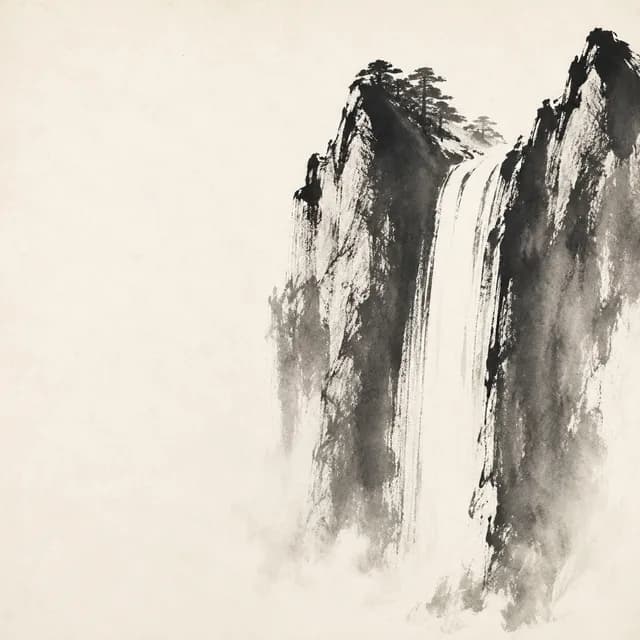 Ink landscape of a waterfall descending through mountains