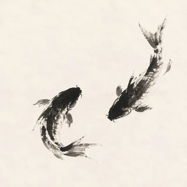 Ink artwork of two carp moving through water