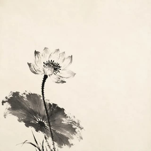 Ink artwork of lotus leaves and blossoms in open space