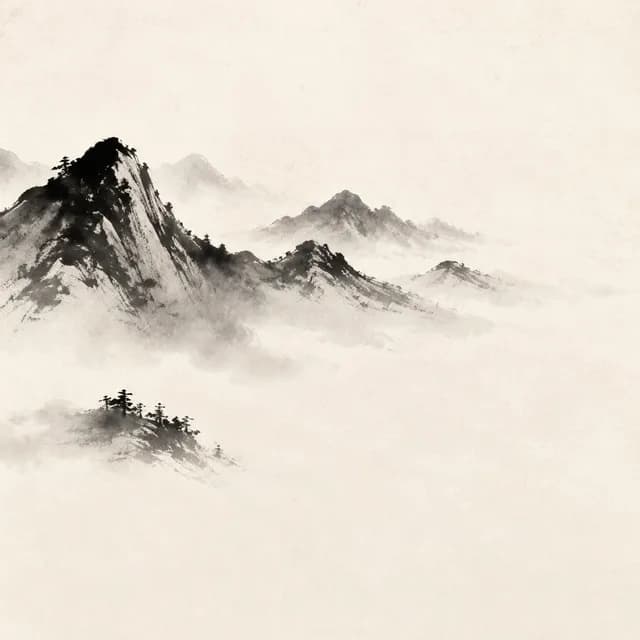 Ink landscape of distant mountain layers receding into mist